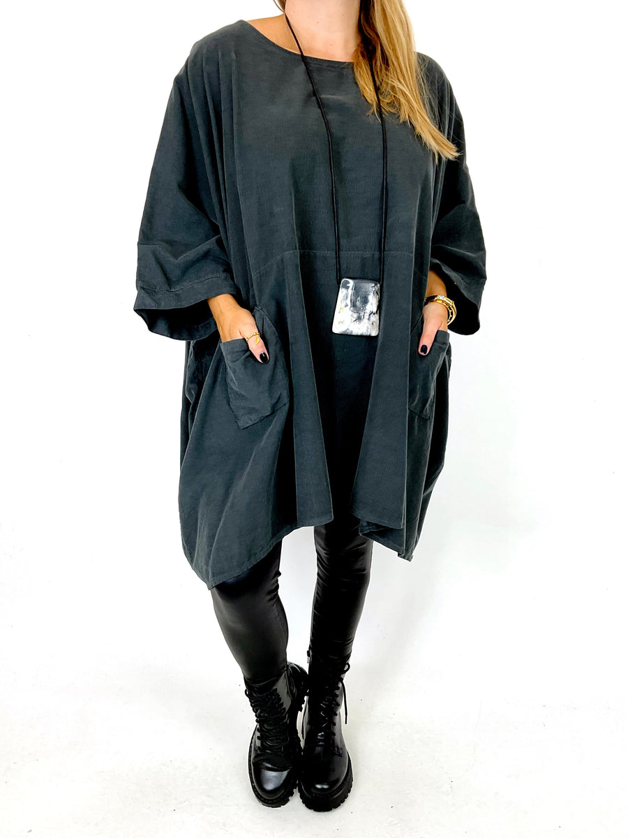 Lagenlook Baxtor Corduroy Oversized Top in Charcoal. code 8375