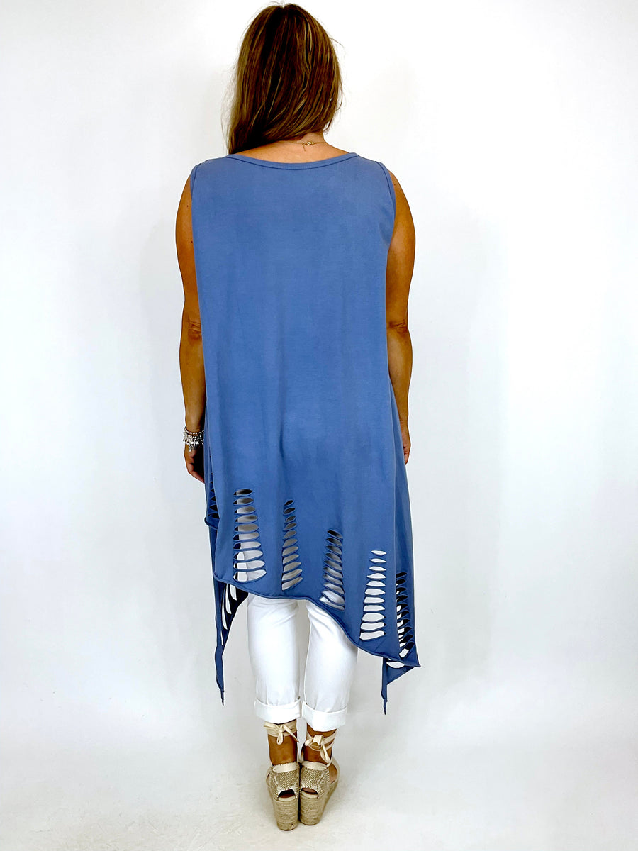 Made In Italy Lagenlook Juliet Laser Cotton Vest Top In Denim. Code 61