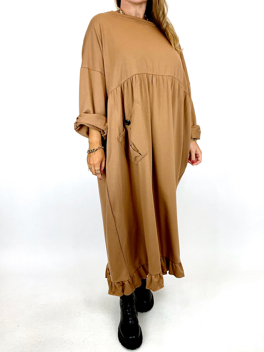 Lagenlook Alaia Pocket Frill Tunic in Camel. code 91763