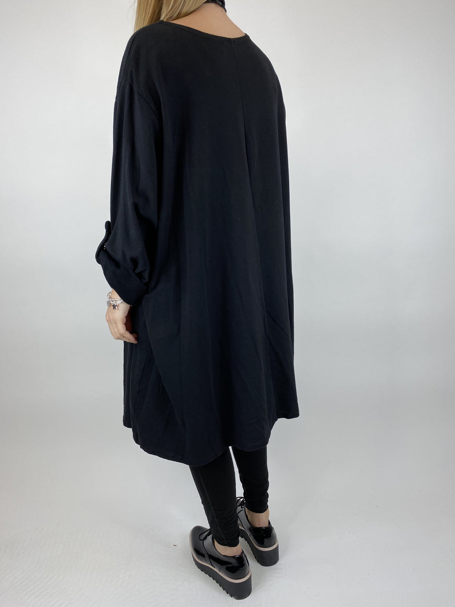 Lagenlook Pip Point Hem Curve 30+ Top in Black. Code 0989 LAGENLOOK