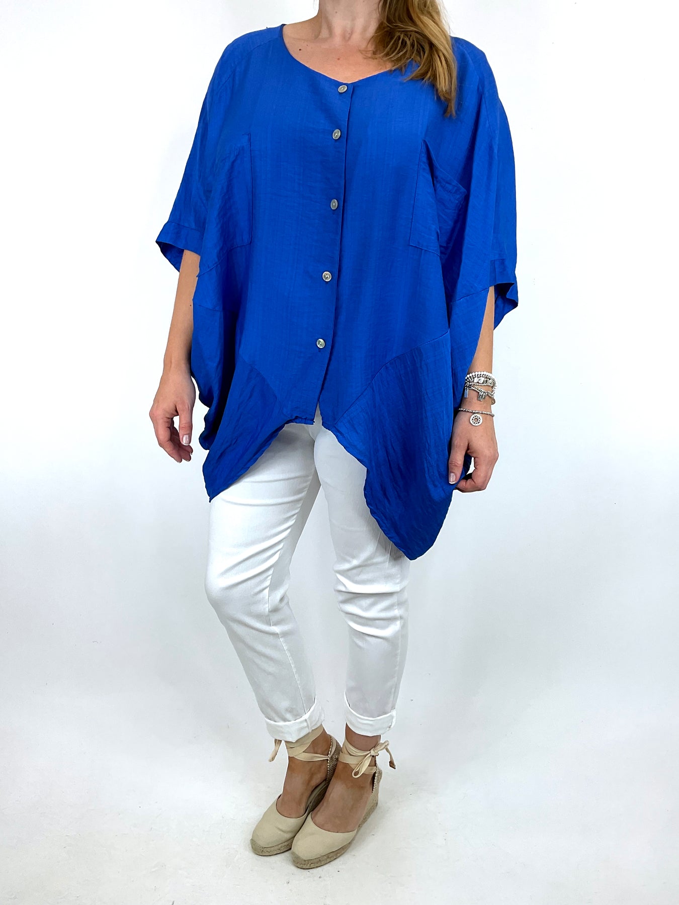 Made in Italy Lagenlook Hannah Button Shirt Top in Royal Blue. 05069