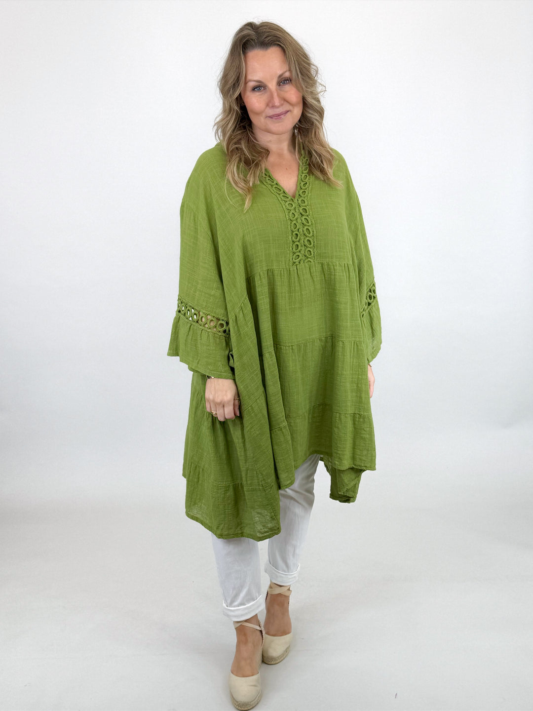 Haut Lagenlook Italien Plissé Taille 14-22 - Khaki, Polyester - Neuf Avec Étiquettes
