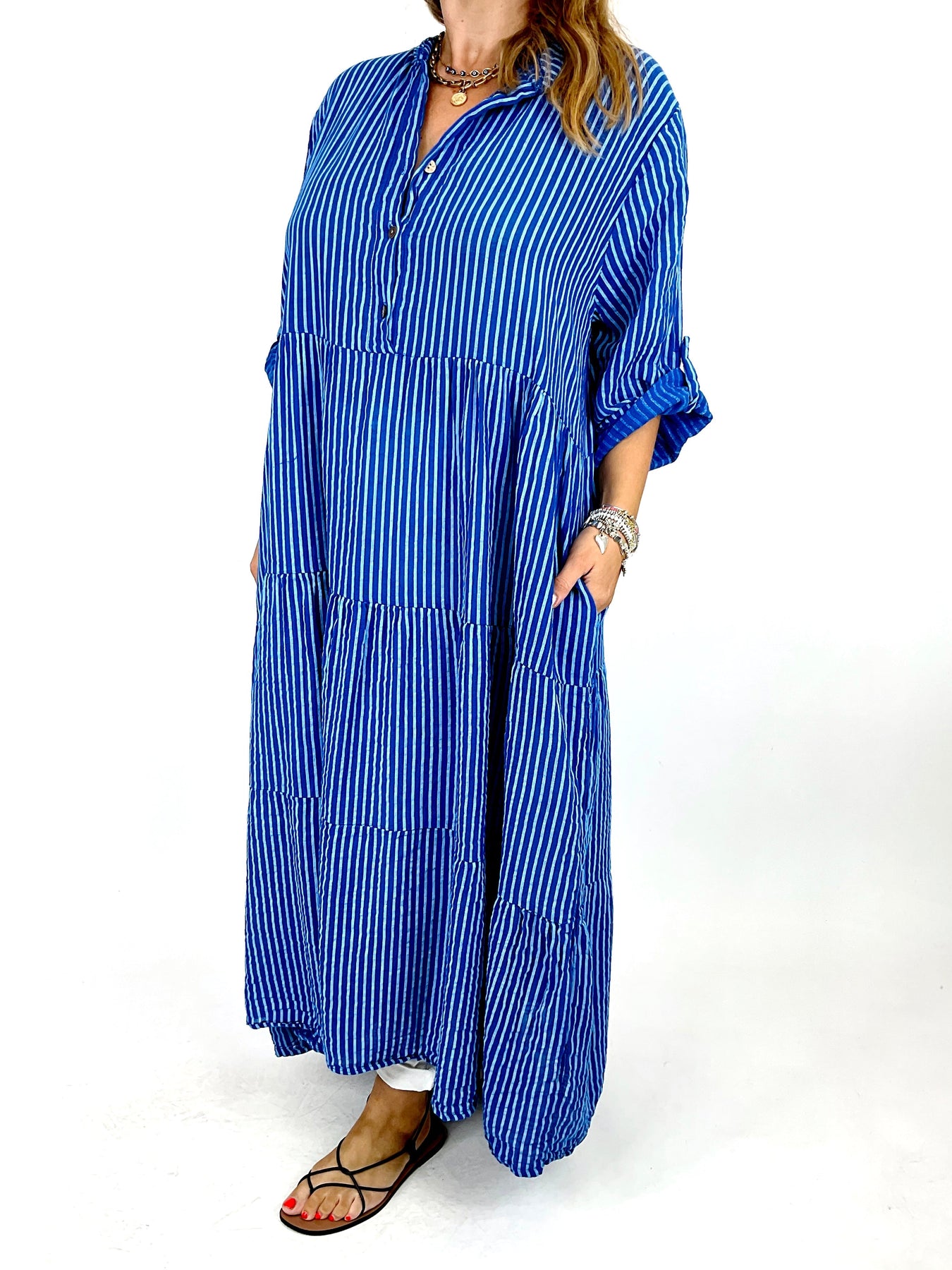 Made in italy Lagenlook Sarita Stripe Shirt Tunic in Royal Blue. 10488