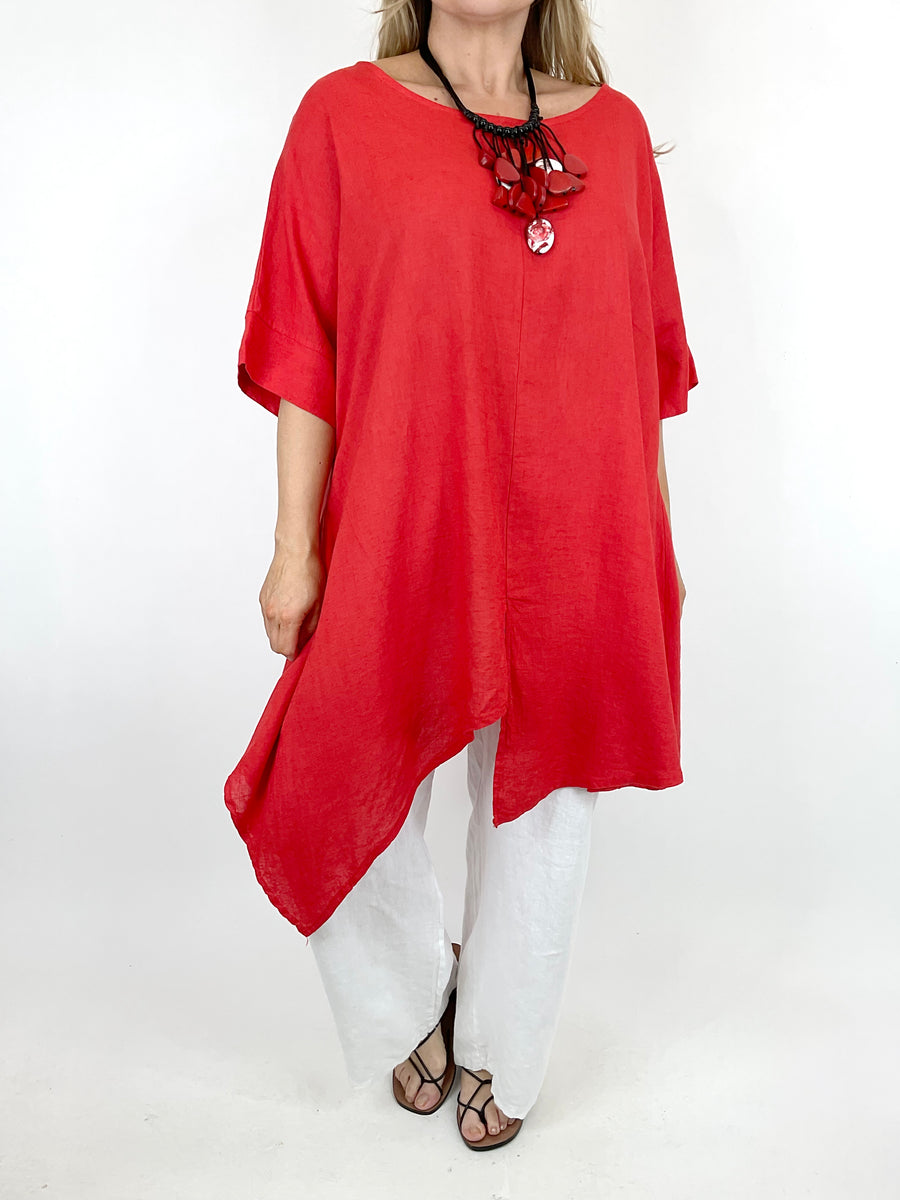 Made in Italy Lagenlook Elsa Plain Asymmetrical Hem Top in Red. 57187