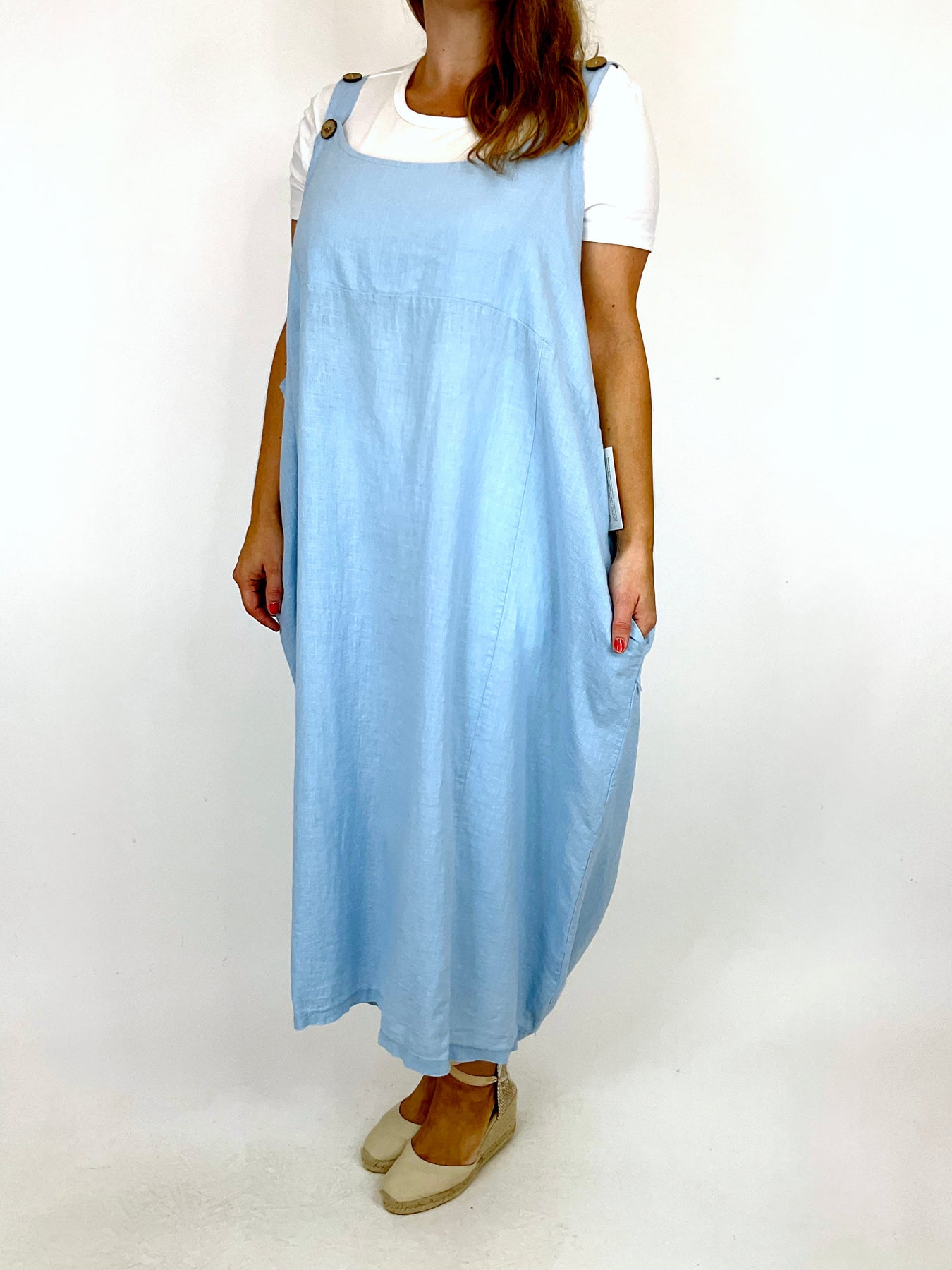 Made In Italy Lagenlook Pinafore Linen Apron Dress In Sky Blue . 91706